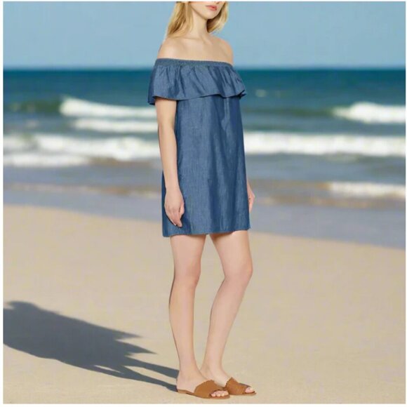 Joie Off the Shoulder Mini Dress XS Blue Chambray Cotton Lyocell Nilima Summer - Picture 7 of 9